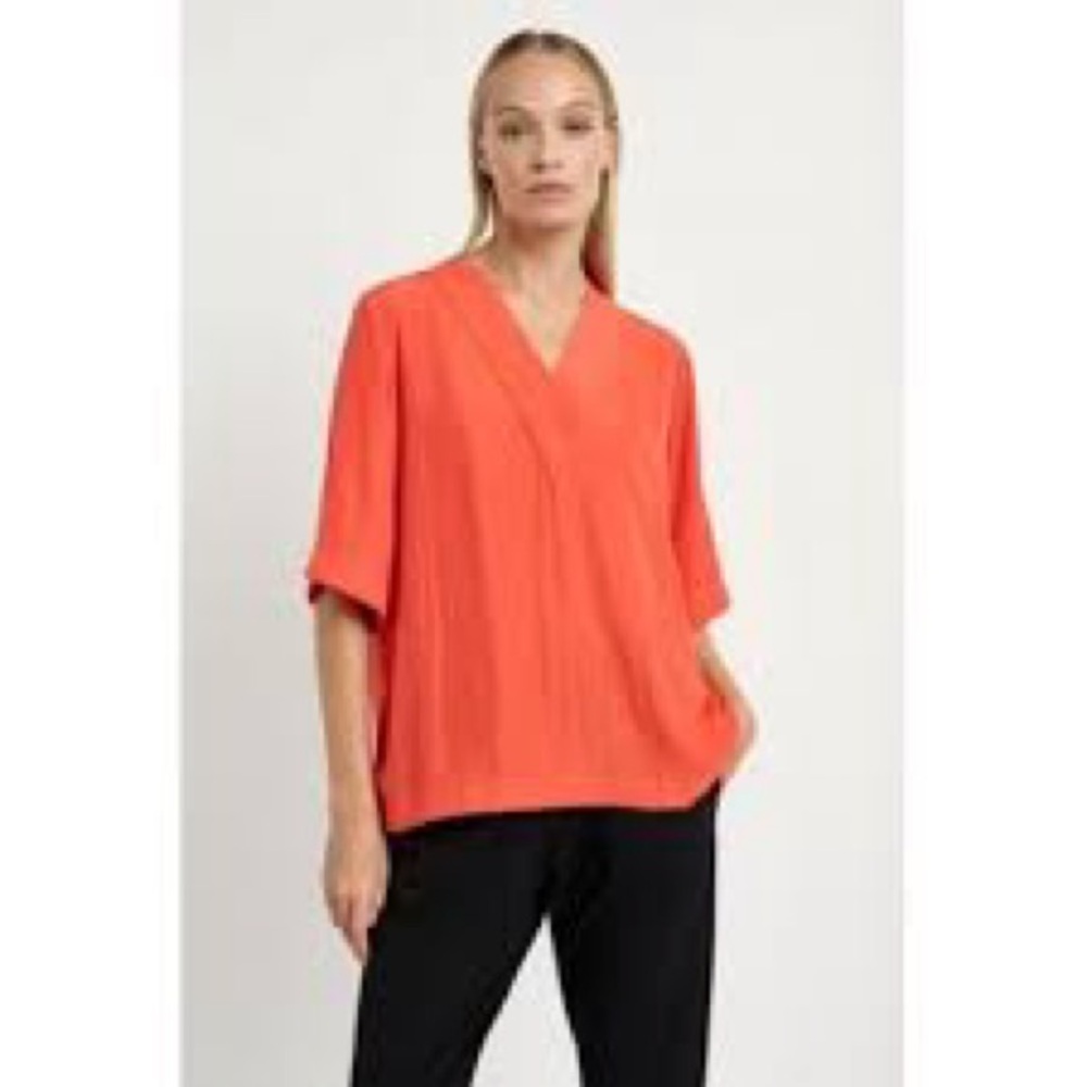 Mela Purdie Orange V Neck Venice Plaza Short sleeve Blouse Tunic Flowy Size M